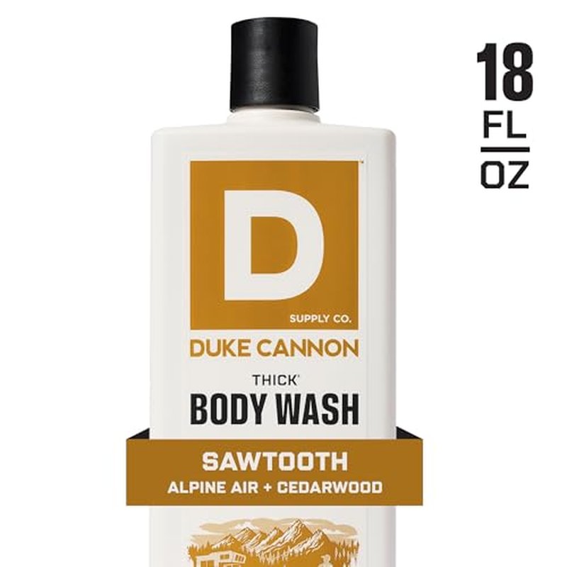 Duke Cannon THICK Body Wash for Men ? Sawtooth Alpine Air & Cedarwood Scent, 3X Thicker Formula, Mineral-Enriched Exfoliation, Sulfate & Paraben Free, 18 oz (Pack of 3)