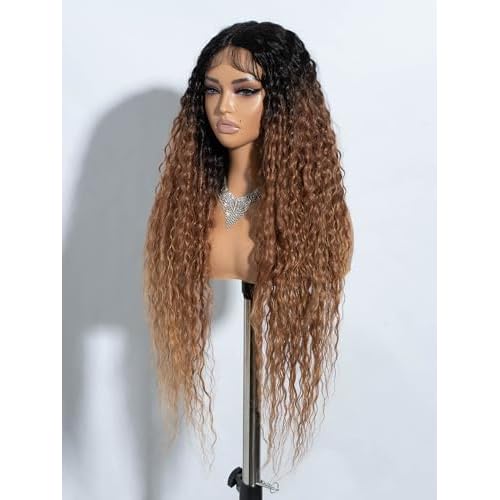 Joedir 32" Long Deep Curly Wavy Lace Front Synthetic Wigs HD Transparent Glueless Lace Wig Heat Resistant Fiber Pre Plucked Hairline with Baby Hair Wig for Women(Ombre Black to Honey Color)