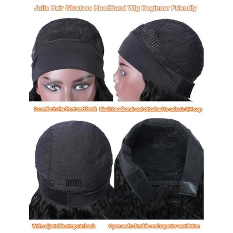 Julia Hair 12A Headband Wig Human Hair Yaki Straight Glueless None Lace Half Wig With Pre-attached Scarf Ombre Chestnut Brown Highlight With Dark Roots for Black Women Put on and Go 20 Inch
