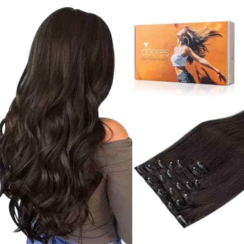 DOORES Clip in Hair Extensions Real Human Hair, Dark Brown 12 Inch 7pcs 80g, Remy Hair Extensions Clip in Human For Women Natural Silky Straight