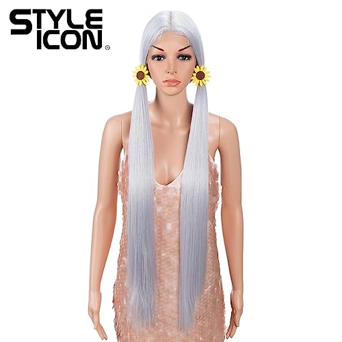 Style Icon 38" Silver Grey Wig Super Long Straight Wigs 6" Deeper Middle Part Lace Lace Front Wigs Silver Grey Long Straight Wig (38", THISTLE)