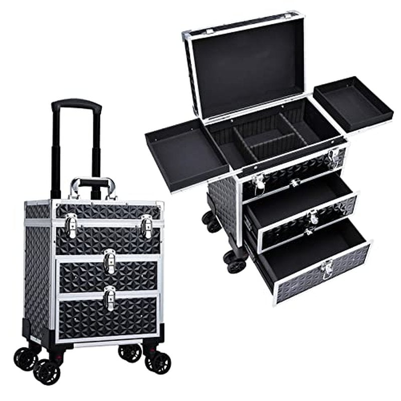 FRENESSA Professional Rolling Makeup Case Aluminum Trolley Train Case with 360¡Æ Swivel Wheels for Makuep Artist Travel Cosmetic Organizer with Sliding Drawers for Nail Tech Hairstylist Barber, Black