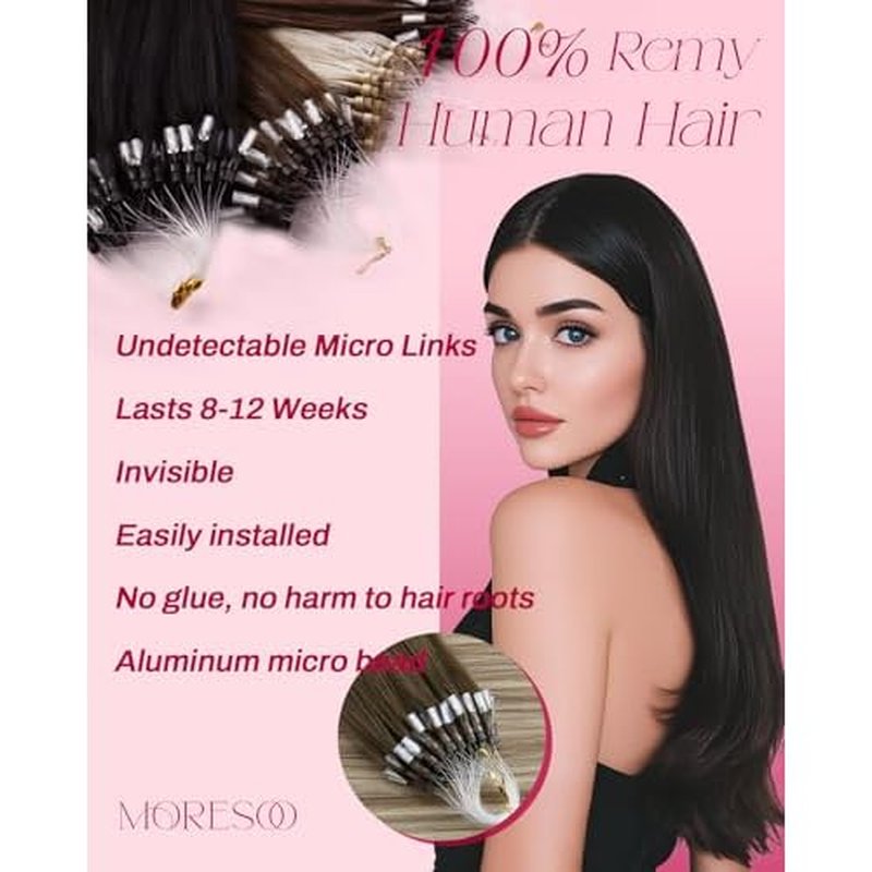 Moresoo Microlink Hair Human Hair Extensions Dark Brown to Light Brown with Light Blonde Balayage Micro Loop Hair Extensions Human Hair for Women 50G/50S 24 Inch