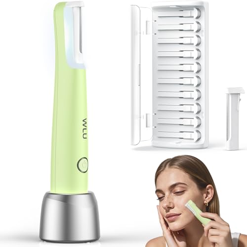 Dermaplane Razor for Women Face, WLU Rechargeable Face Dermaplaning Tool ? Peach Fuzz, Facial Hair & Exfoliation Removal, Sonic Technology with LED Light, 3 Speeds & 10 Blades (Green)