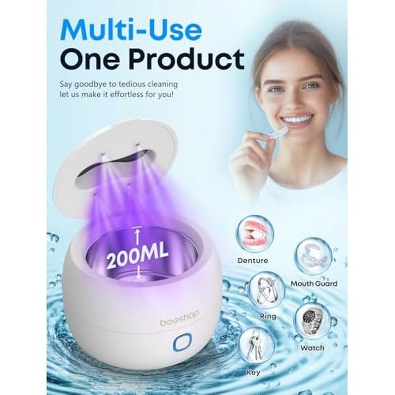 BEESHOP 2025 Ultrasonic Retainer Cleaner Machine ? 45kHz Dental Pod for Retainers, Mouth Guards, Braces, Aligners & Jewelry, Denture Cleaner with 3 Modes, 200ml Capacity (White)