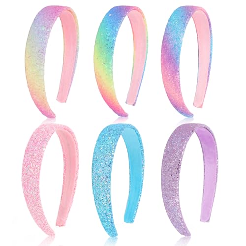 Girls Headbands, 6PCS Headbands for Girls Women Glitter Blue Purple Rainbow Pink Headband Sparkly Sequin Headband Hair Accessories