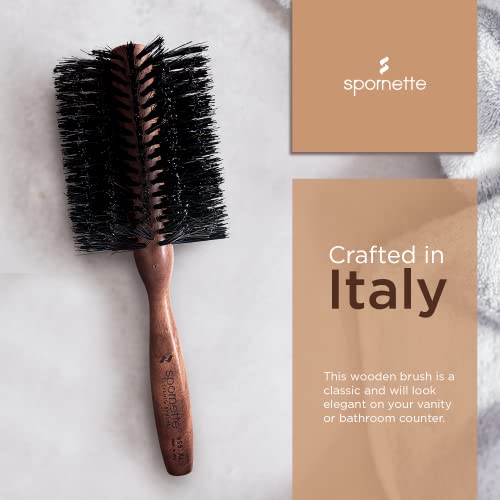 Spornette Italian XL Rounder Hair Brush - Round Double Density Boar Bristle Brush With Wooden Handle For Blow Drying, Styling, Volumizing, Straightening And Curling Medium To Long Hair (3 Inch)