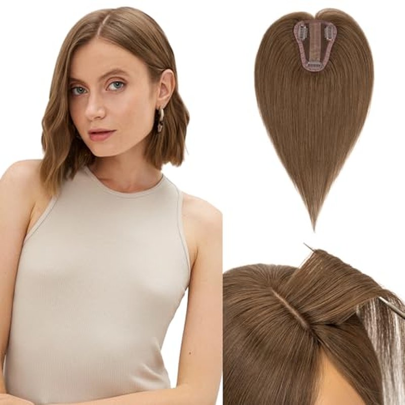 Hairro Real Human Hair Toppers, Clips in 100% Human Hairpieces for Women, 3.15"x3.94" Silk Base for Covering Thinning/Greyish Hair on Top, 12 Inch Brunette Coffee Brown