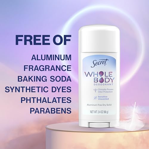 Secret Whole Body Deodorant Stick for Women, Naturally Derived Ingredients, Unscented, Aluminum Free Deoderant Stick, 72 HR Odor Protection, 2.4 oz