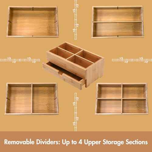 GOBAM Makeup Storage Drawer Organizer Bamboo Wood Cosmetic Display Box, Large Capacity Bathroom Beauty Countertop Organizer, Great for Bathroom Dresser