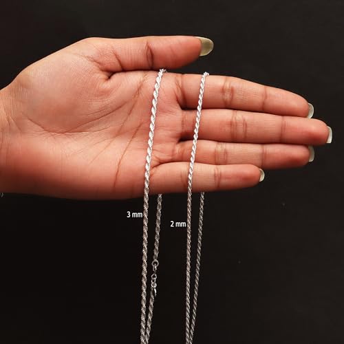 LeCalla Solid 925 Sterling Silver, 18K Gold Plated & Rhodium Plated 3 MM Diamond-Cut Braided Rope Chain Necklace for Men Women (18, 20, 22, 24, 26 Inches), Made in Italy