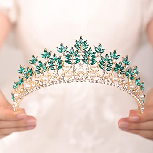 JWICOS Gold Crystal Pearl Tiara Crown for Women Princess Rhinestone Crown Headband for Girls Bridal Wedding Hair Accessories for Brides and Bridesmaid