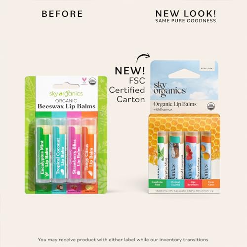 Sky Organics Organic Lip Balms With Beeswax for Lips, USDA Certified Organic, Four Assorted Flavors to Moisturize, Soothe & Soften, 4pk.