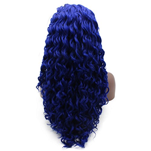 iwonawig Iewig Long Curly Blue Heat Resistant Wig Half Hand Tied Synthetic Hair Front Lace Wig