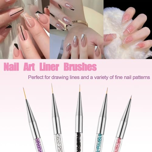 AIBEE Nail Art Brushes, 5pcs Double-Ended Acrylic Nail Brush Set with 5/7/10/12/15mm Nail Liner Brushes and Dotting Pens for French Nails