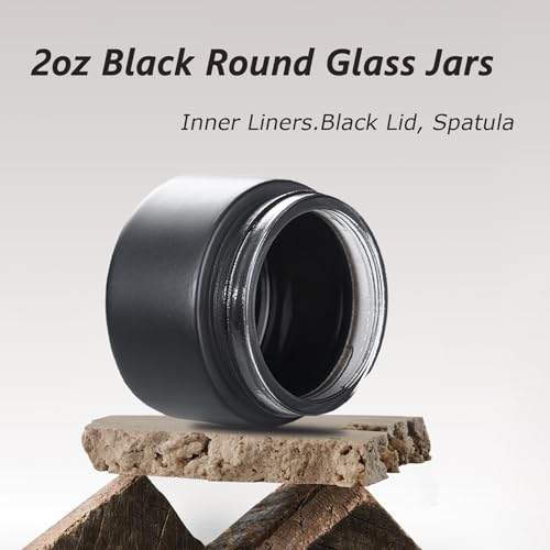 OverNews 2oz Black Glass Jar Travel Size, 45PCS Empty Cosmetic Lotion Container with Black Lid & Spatula, Small Mini Jar for Beauty