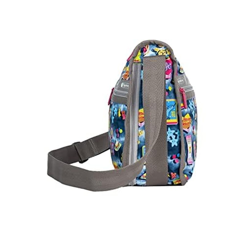 LeSportsac Beach Snacks Deluxe Everyday Crossbody Bag + Cosmetic Bag, Style 7507/Color F949, Vibrant Pop Art Style Beachy Graphics: Hot Dogs, French Fries & Tropical Drinks, Unique Hot Pink Zip Pull