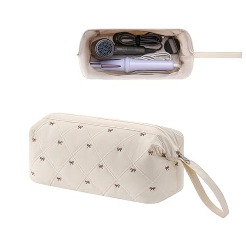 Large Quilted Hair Tools Travel Bag with Bow Pattern,Waterproof Hair Styling Accessories Storage Case for Shark FlexStyle, Dyson Airwrap Hair Dryer, Curling Iron, Revlon Hair Tools(Beige)