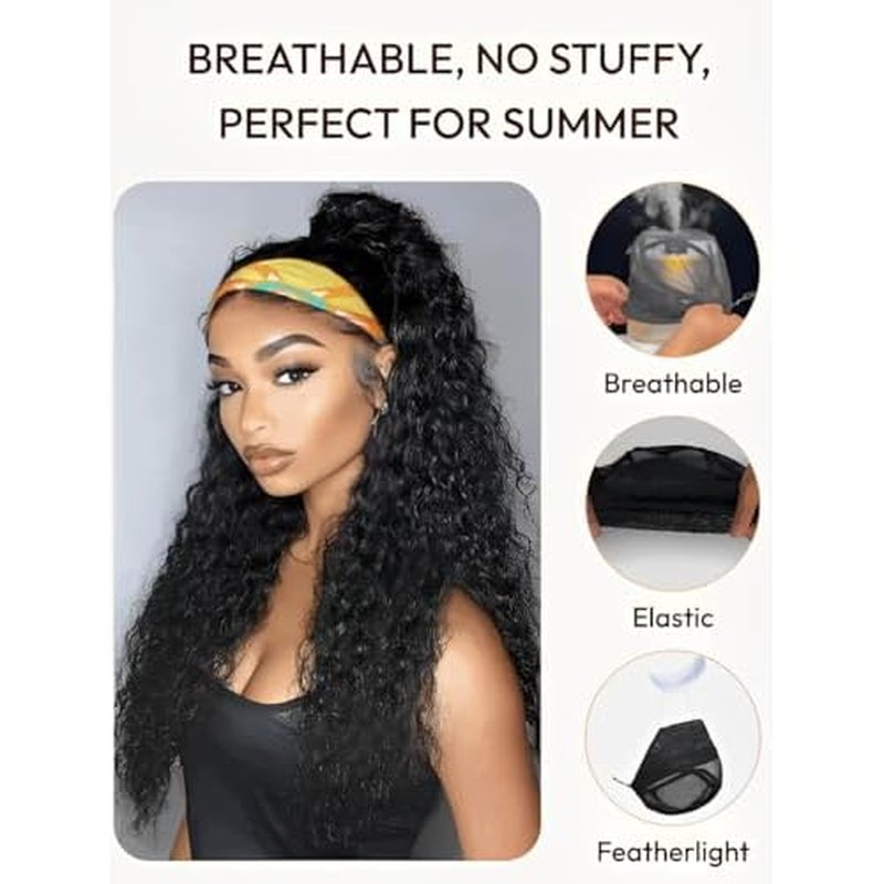 UNICE HookFit Water Wave Headband Wig Human Hair with Drawstring No-Slip Glueless Headband Half Human Hair Wig 150% Density Natural Black 16 inch
