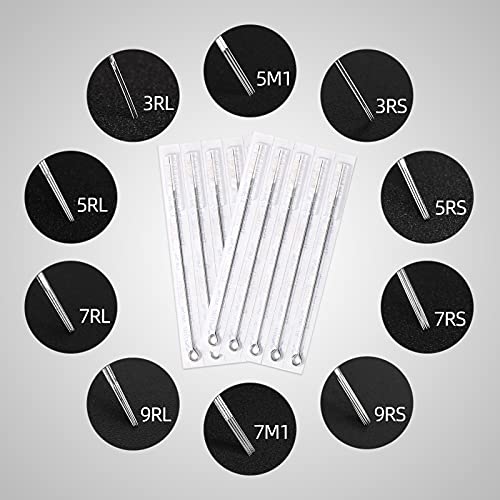 Tattoo Needles and Tips Set, 100pcs Disposable Mixed Assorted Sterilized Tattoo Needles and Tips, 5pcs of each-3rl 5rl 7rl 9rl 3rs 5rs 7rs 9rs 5m1 7m1 3RT 5RT 7RT 9RT 3DT 5DT 7D