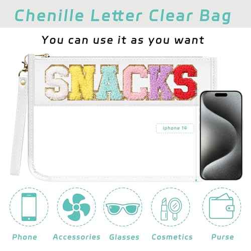 Clear Zipper Pouch PVC Waterproof Nylon Makeup Letter Bag for Women Girls Chenille Letter, for Travel, Cosmetic Bag, Snack Bags, Clear Stuff Bags, For Travel,£¨White-Snacks£©