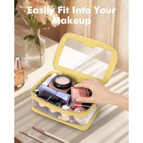 Travel Clear Makeup Bag with Makeup Brush Bag, Leather Makeup Case Toiletry Bag, Portable Cosmetic Bag Case, Transparent Waterproof Cosmetic Organizer Storage Bag for Women, Yellow