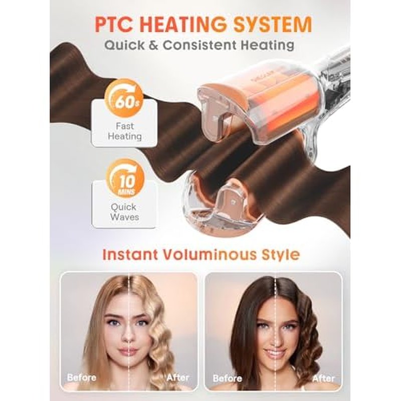 SHEGLAM Hair Beach Babe Hair Waver 2 Barrel Crimper 1 Inch with Smart Timer & Adjustable Temps Dual Voltage, Anti-Scald, Easy to Use