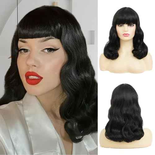Black Finger Wave Wigs for Women Long Curly Black Wigs with Bangs 1920s Women Vintage Hair Halloween Cosplay Party Costume Wig