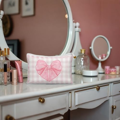 10 Pcs Pink Bow Makeup Bag Coquette Pink Bow Cosmetic Bag for Women Bow Themed Travel Zipper Pouch Coquette Party Favor for Birthday Christmas Graduation