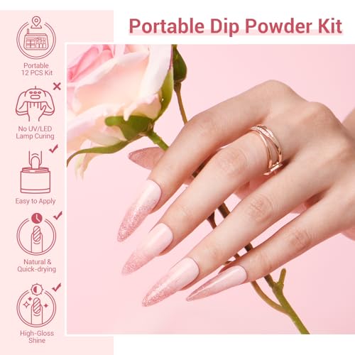 AZUREBEAUTY Dip Powder Nail Kit,4 Colors Nude Pink Glitter Hues,Starter Set for French Nails & All Seasons,Includes Base Coat, Top Coat, Activator & DIY Salon Liquids