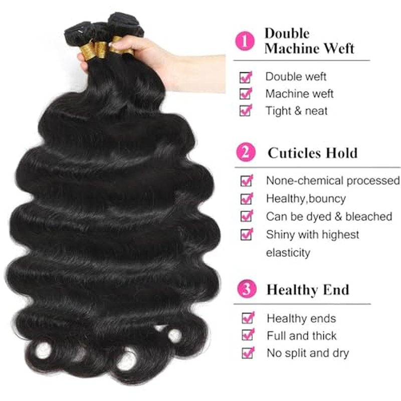 Selina Body Wave 3 Bundles Human Hair with Closure 20 22 24 +18 Inch 4x4 Free Part Lace Closure Human Hair 100% Unprocessed Brazilian Virgin Deals Hair Extensions Quick Weave Bundle Natural Black
