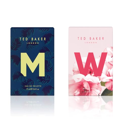 Ted Baker M and W EDT Bundle, Woman and Man Eau De Toilette, Includes M with Unique Notes of Tonka Bean and Musk, W with Notes of Fig Leaf, White Peony and Violet, 2 x 2.54 fl oz