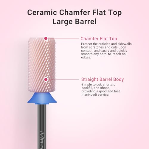 MelodySusie Ceramic Nail Drill Bits, 3/32'' Chamfer Flat Top Large Barrel Bits, Fast Remove Acrylic or Hard Gel, Nail Tool for Manicure Pedicure, Salon Home, Professional or Beginner, Pink, Medium