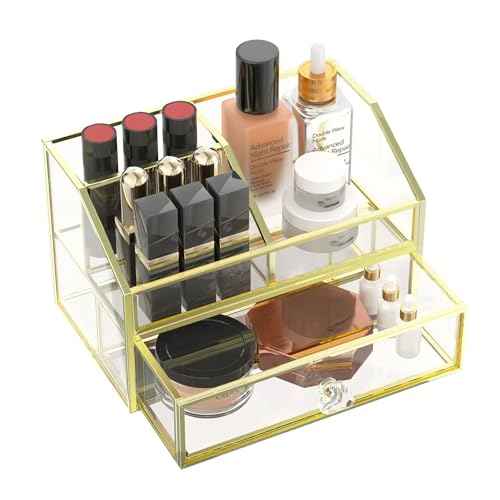 FSyueyun Makeup Organizer for Vanity, Clear Glass Drawer Organization and Storage Jewelry Display Case Gold Cosmetics Storage Lipstick Organizer Tray Perfumes for Bathroom Counter or Dresser