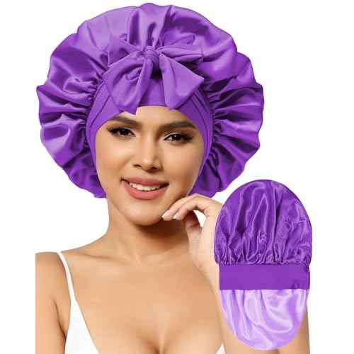 Satin Bonnet for Women Silk Bonnets for Sleeping Curly Hair Bonnet with Elastic Tie Band Reversible Double Layer Sleep Cap Hair Wrap (Purple)