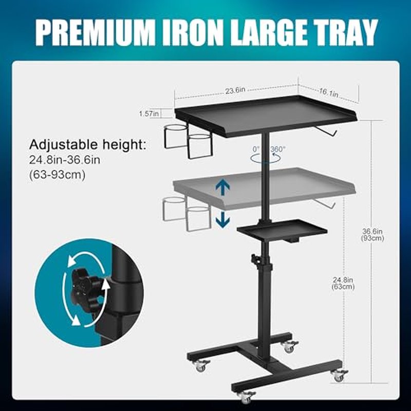 POARMEEY Premium Large Double Tier Rolling Workstation Table with 360 Degree Mute Universal Wheel for Tattoo Work,Beauty Salon Spa Stools Service Storage Tray