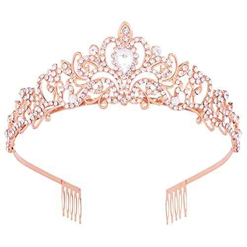 Crowns for Women, Rose Gold Tiara Crystal Rhinestone Hair Accessories for Princess Queen Ladies Little Girls Adult Bridal Bride Birthday Wedding Pageant Prom Halloween Costume Party with Combs