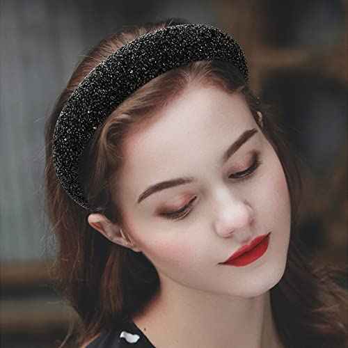 Black Rhinestone Padded Sequin Diamond Glitter Sparkle Jeweled Bling Headbands for Women's Hair