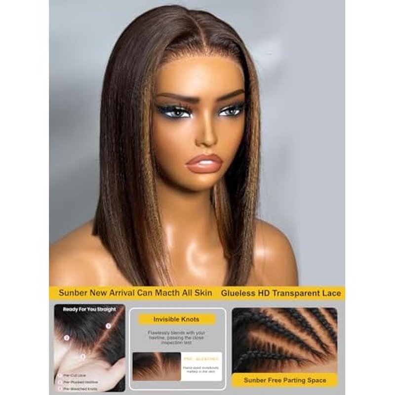 Sunber Ombre Brown Highlights Blonde Bob Human Hair Glueless Wig Bye Bye Knots Pre Everything 7x5 Lace Front Bob Wigs Pre Cut Lace Pre Plucked Pre Bleached Knots 150% Density 3S Put On and Go 10Inch