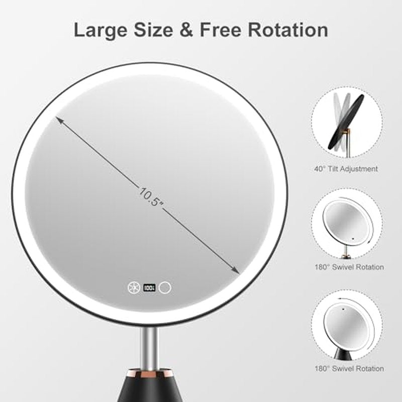 10.5" Professional Makeup Mirror with Lights, Rechargeable HD Vanity Mirror, CRI¡Ã98 True-Sunlight, 3 Color Modes & Stepless Dimming, 5000mAh Battery, Ideal Gift for Women