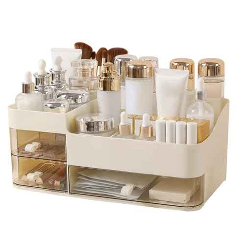 DASITON Makeup Organizer with 3 Drawers,Skincare and Cosmetics Organizer Countertop,Makeup Organizers and Storage with Brush Holder,Large Cosmetic Display Case for Vanity,Desk,Bathroom,Bedroom(Cream)