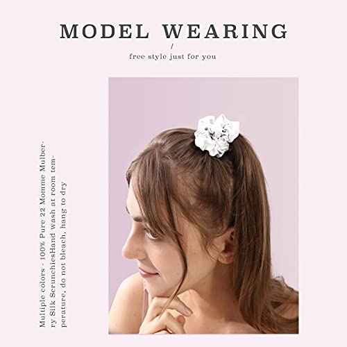 MTSNOO Silk Scrunchies for Hair, 100% Pure 22 Momme Mulberry Silk Scrunchies for Curly Hair with Elastic Band, 4 Pack, Ivory