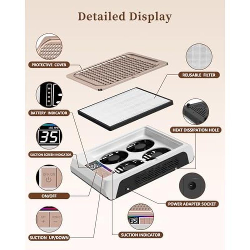 Nail Dust Collector Cordless, Quiet & 4 Upgraded Powerful Vacuum Dust Fans Adjustable Speed,80W Dust Suction Machine for Acrylic Gel Nail Polish Manicure Pedicure Tool at Home or Salon Nail Tech-White