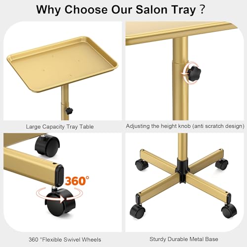 Salon Tray Cart Premium Aluminum Tattoo Tray, Champagne Gold Salon Rolling Tray, Height Adjustable Utility Trolley, Salon Tray on Wheels for Spa Hairstylist Clinic Dental