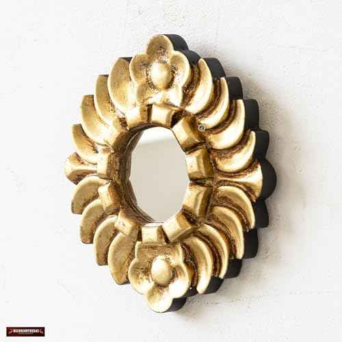 Handmade Small Gold Round Mirror 6in | Peruvian Hand-Carved Wood Hanging Mirror with Gold Leaf Finish for Wall Decor (Gold)