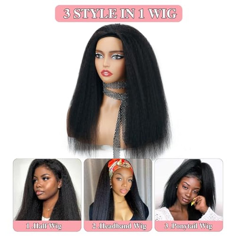 Nvnvdij Kinky Straight Half Wig Human Hair 200% Density Wear Go Glueless Wigs Human Hair 18 Inch Kinky Straight 3 In 1 Half Wigs for Women Drawstring Seamless Flip Headband Wig Beginner Friendly