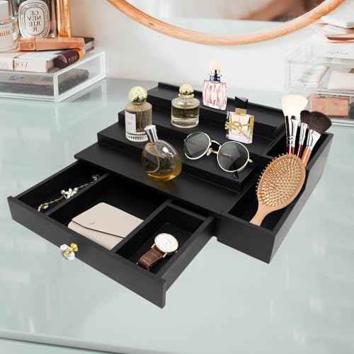 4 Tier Wood Cologne Organizer Stand for Men Wooden Black Perfume Shelf Fragrance Display Risers with Drawer Hidden Compartment Cologne Holder Wood Dresser
