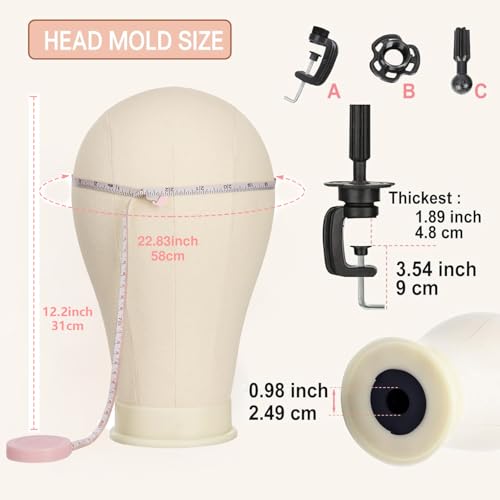 23 Inch Canvas Block Mannequin Head for Wigs Making Display with Wig Caps, T Pins, C Bristle Brush