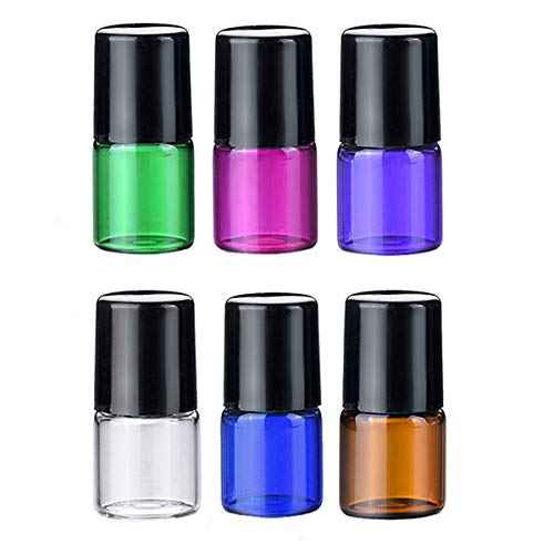 Essential Oils Roller Bottles - 50Pcs 2ml (5/8 Dram) DIY Mini Refillable Travel Glass Roll On Bottles Perfumes Aromatherapy Cosmetic Sample Vials Jar Containers, 1Pc 3ml Dropper (Clear, Black Cap)