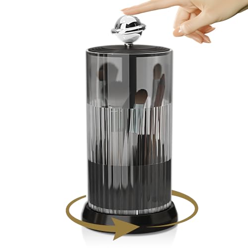 Makeup Brush Holder with Lid,One Touch Open 4 Slot Makeup Brush Case with Waterproof Dustproof, 360 Rotating Makeup Organizer for Vanity Desktop Counterto Bathroom (Black)